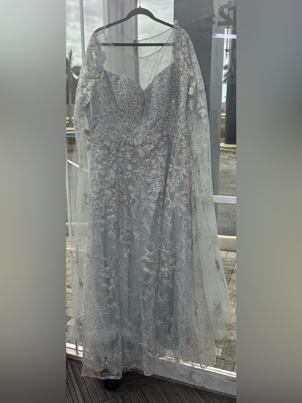 LARA Long-Sleeve Silver Lace Evening Gown
